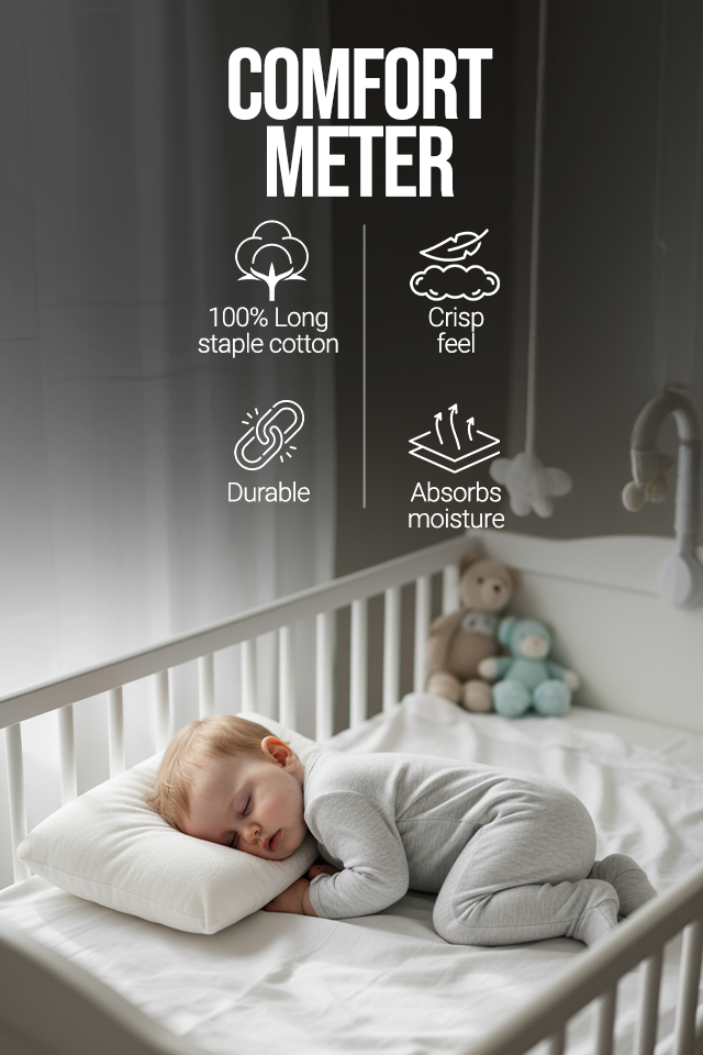 Pizuna comfort meter showing 100% long staple cotton bedding with crisp feel, durable fabric and high moisture absorbency for long-lasting luxury comfort, gentle and safe for kids