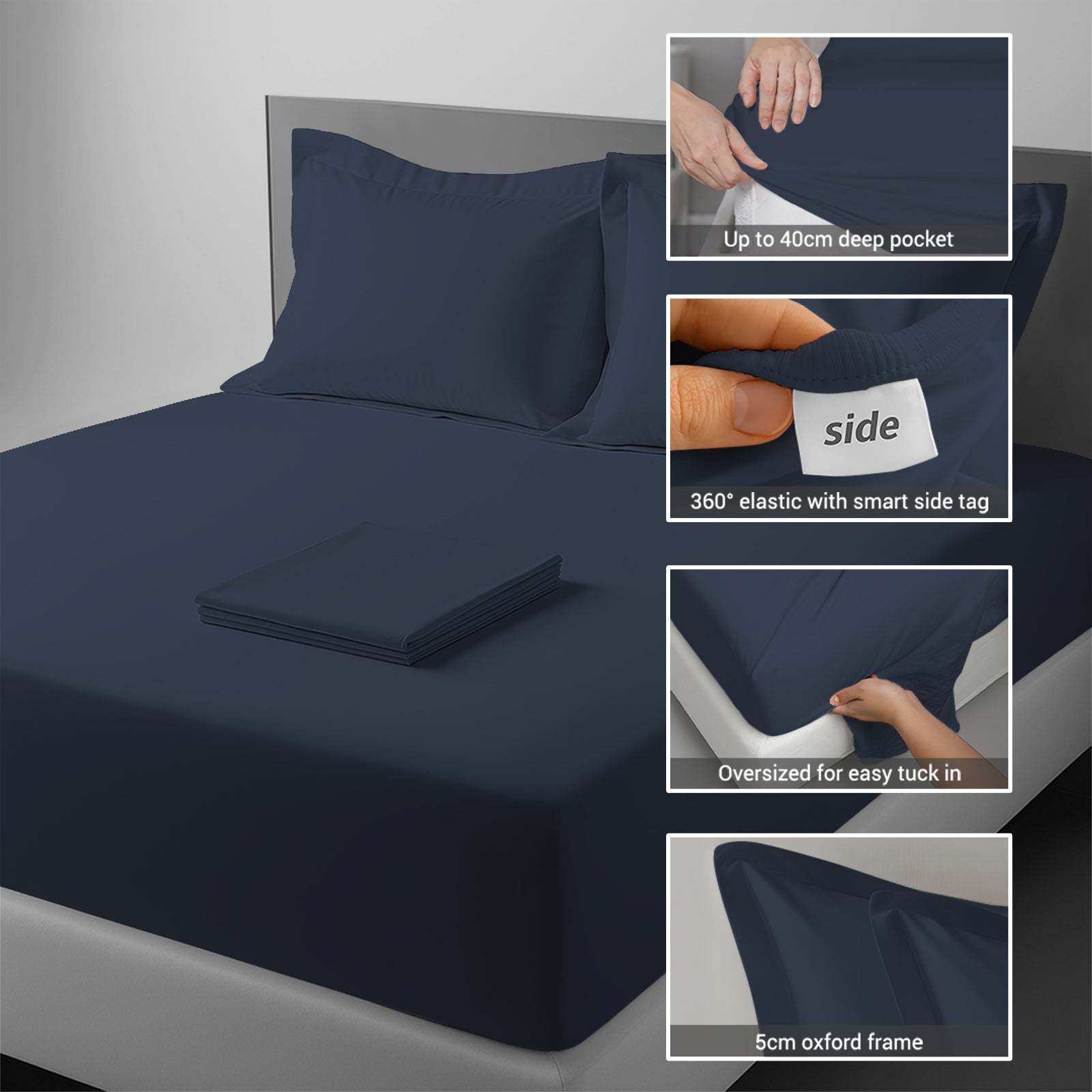 400 thread count bed sheet set double size dark blue cotton 4 piece with 40cm deep pockets and SmartSide tag