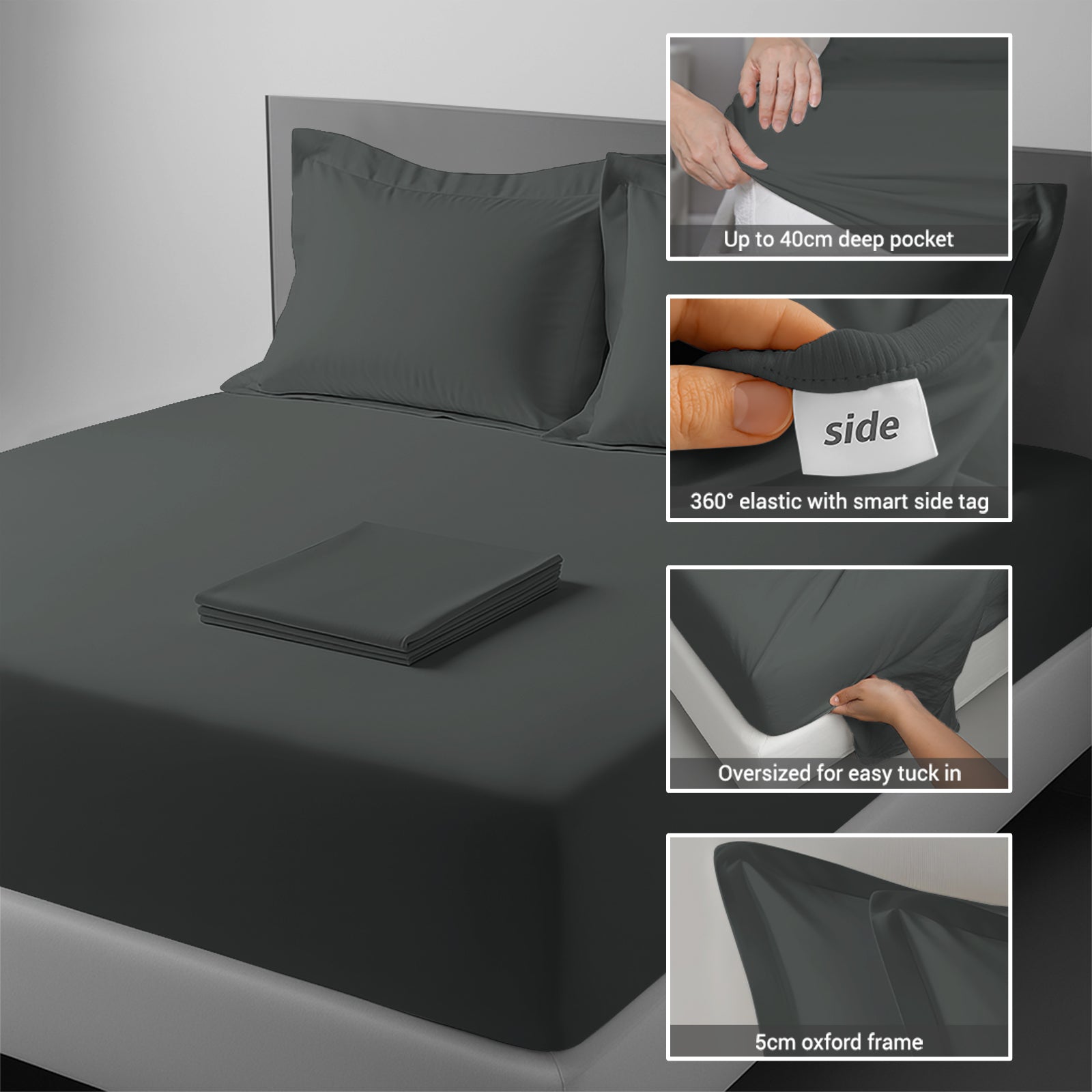 Dark Grey double percale bed sheet set 4PC flat and pillowcase plus fitted sheet with pocket 40cm 360 elastic side tag indicator
