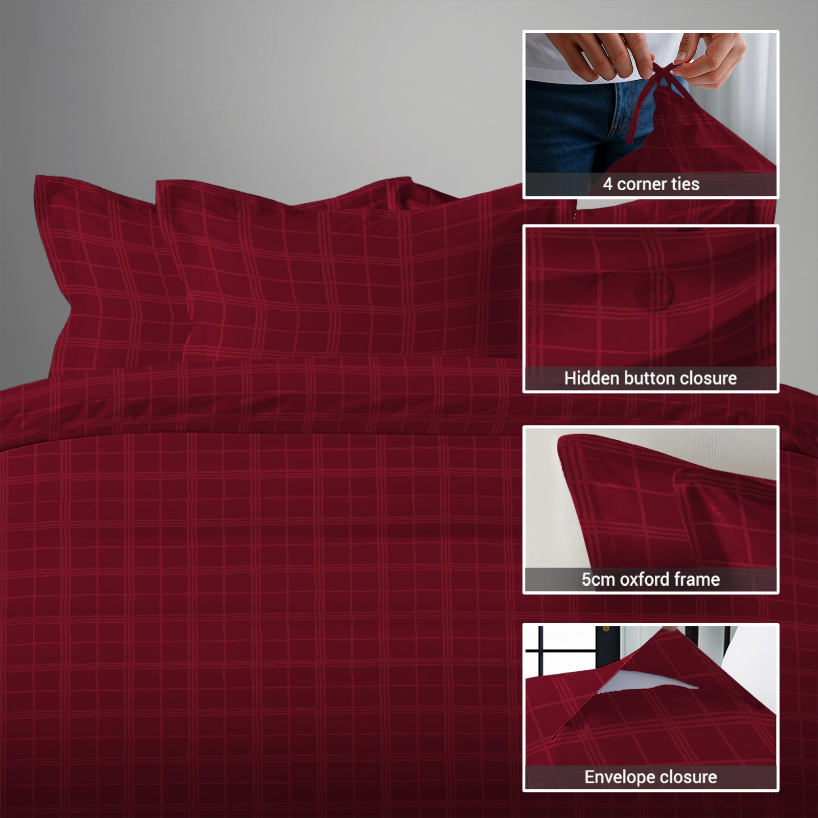 Red checks damask super king duvet cover 3 piece 300 thread count with hidden button closure and 4 corner ties