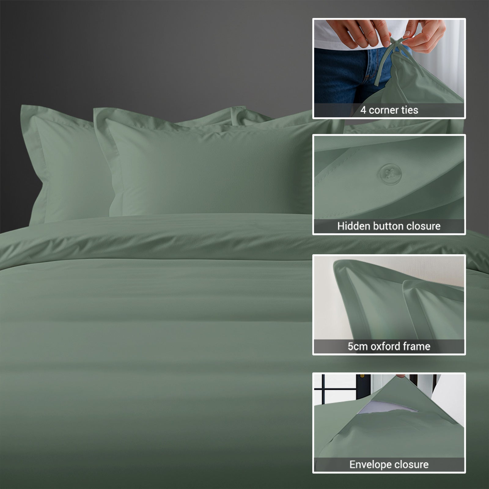 3 piece 600 thread count sea foam cotton duvet cover king size with hidden button closure and 4 corner tie