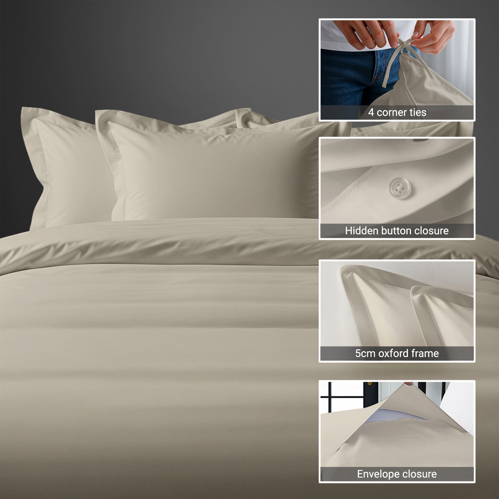 Pizuna simply taupe double cotton duvet cover 3 piece 1000 thread count with hidden button closure and corner ties plus oxford pillowcases