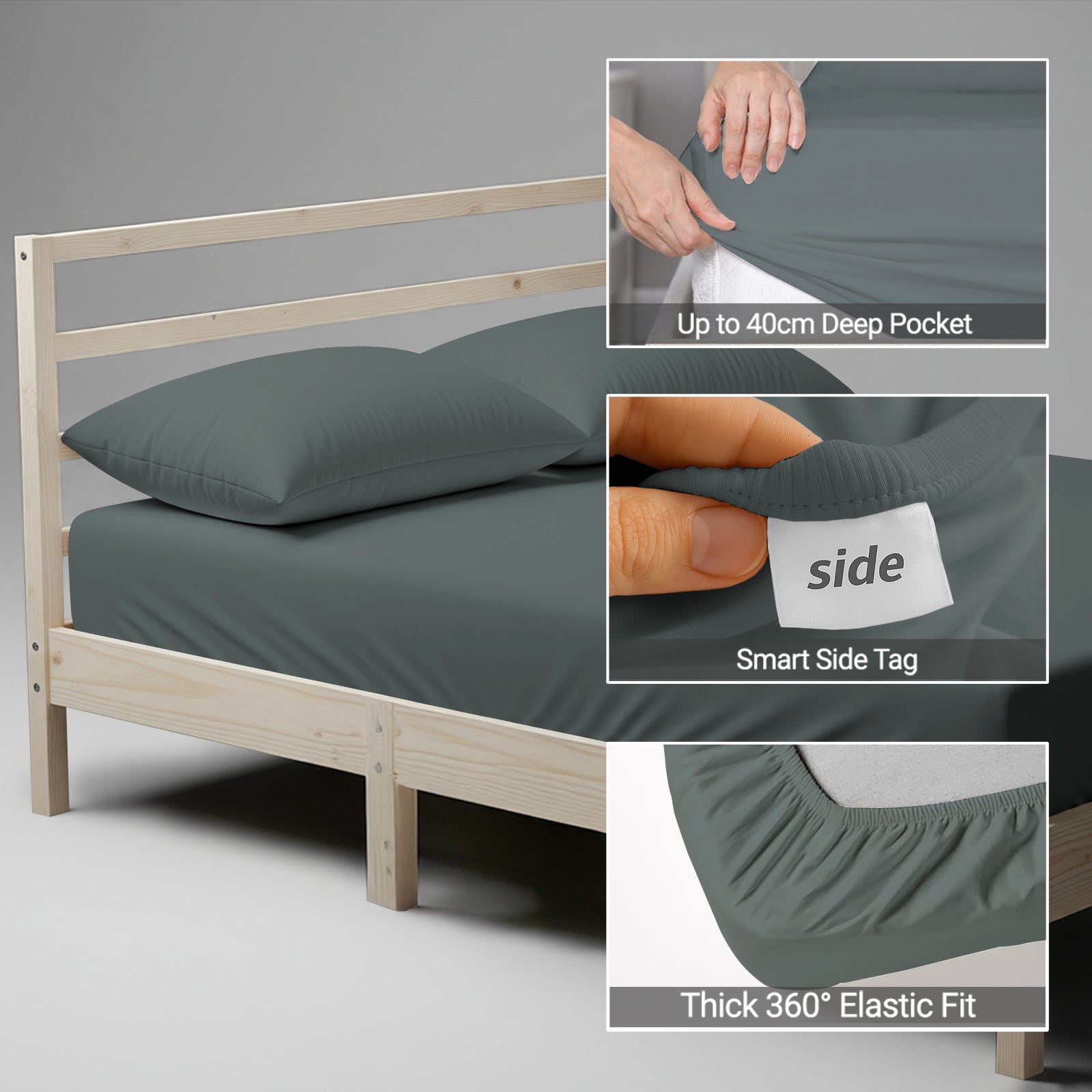 Super King size dark grey fitted sheet 1000 thread count plus 40 cm deep pockets 360 elastic Smart Side indicators tight fit