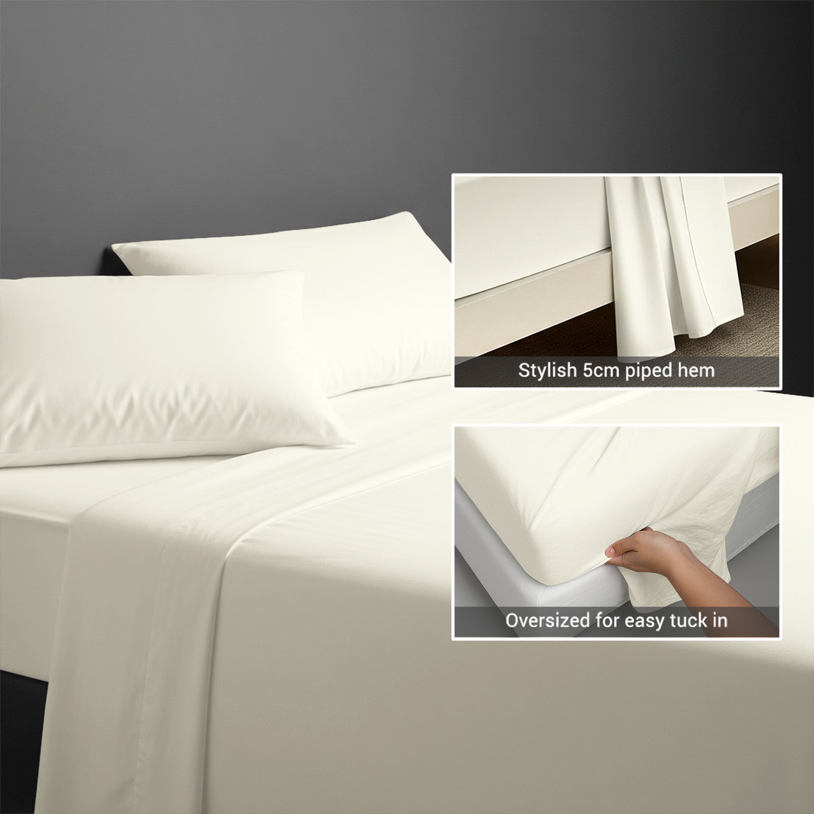400 thread count Off White cotton flat sheet super king size with 5cm piped hem oversized for easy tuck in
